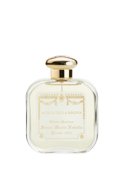 Perfume bottle with gold cap on a white background