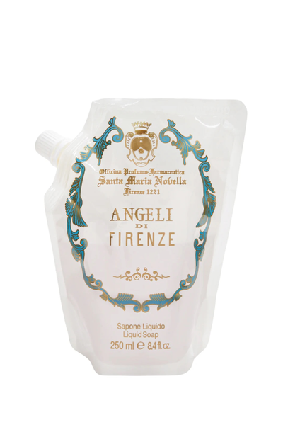 Liquid soap packaging with decorative design and branding on a white background