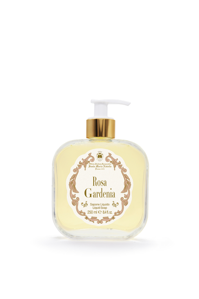 Bottle of Rosa Gardenia hand cream with a pump on a white background