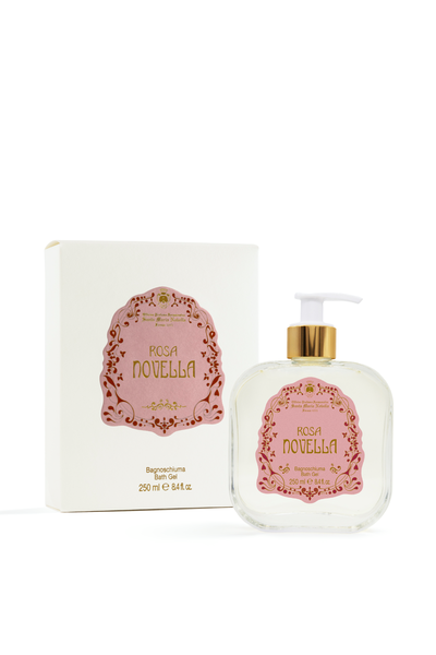Novella skincare product with pump and packaging on a white background