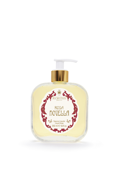 Bottle of Rosa Novella hand soap on a white background