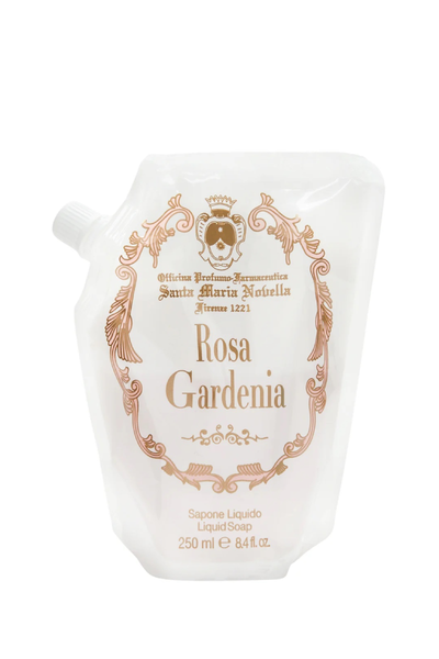 White bottle of Rosa Gardenia liquid soap with gold decorative elements on a white background