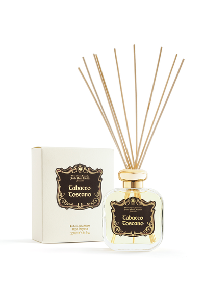 Tobacco Toscano reed diffuser with packaging on a white background